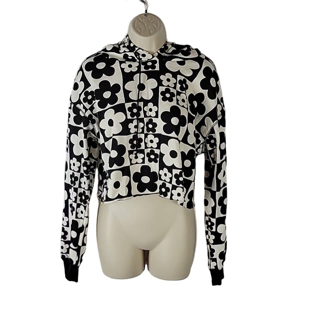 Wild Fable Cropped Hoodie, Black w/ White Floral, Size S, NWT